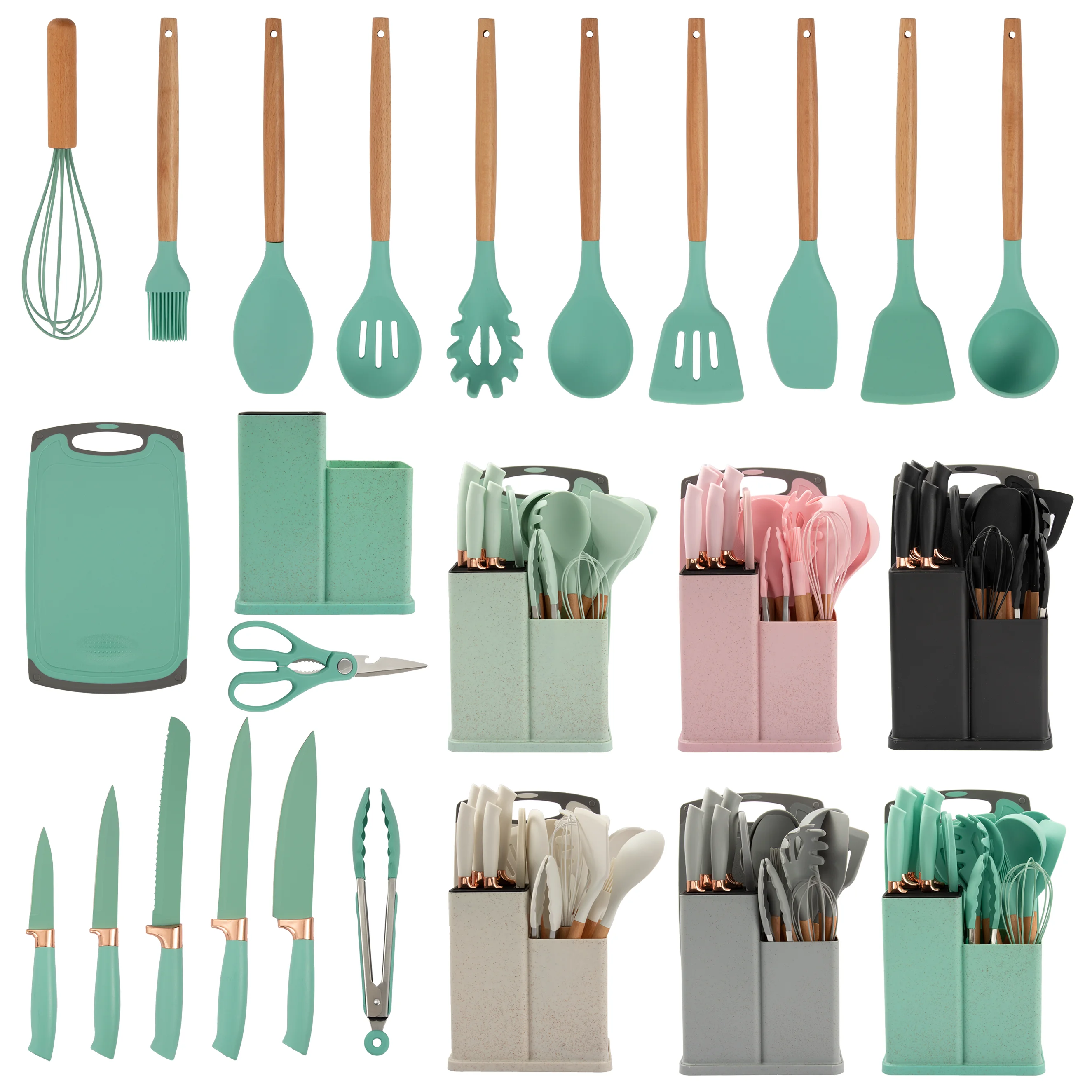 19 Piece Set Of Silicone Kitchen Utensil Set With Wooden Handle And Cuttings Board Storage Bucket Kitchen Accessories Set