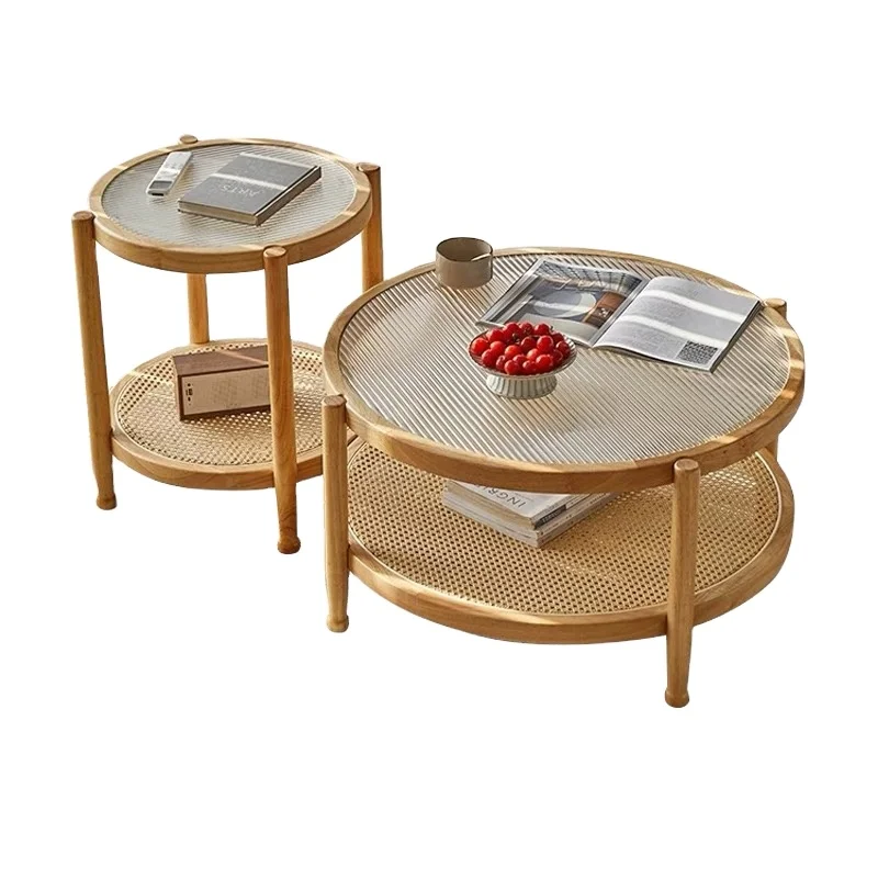 Rattan Round Water-Wave Center Table with Storage , with Wicker Tempered Glass for Living Room, Balcony and Garden