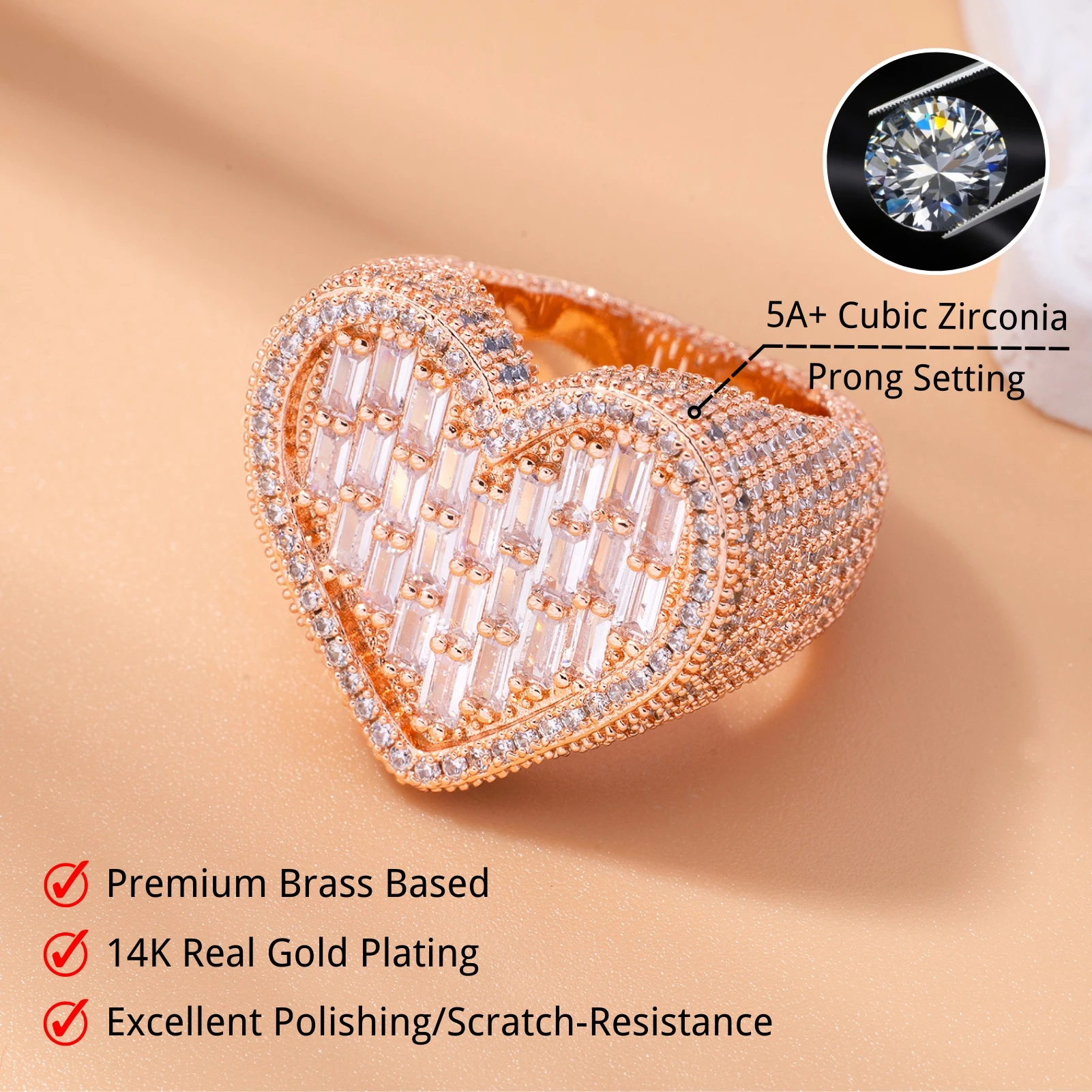 Top Icy Shiny Baguette Heart Rings Jewelry  Women Iced Out Diamond Ring Hip Hop Brass 18K Gold Plated + AAA CZ