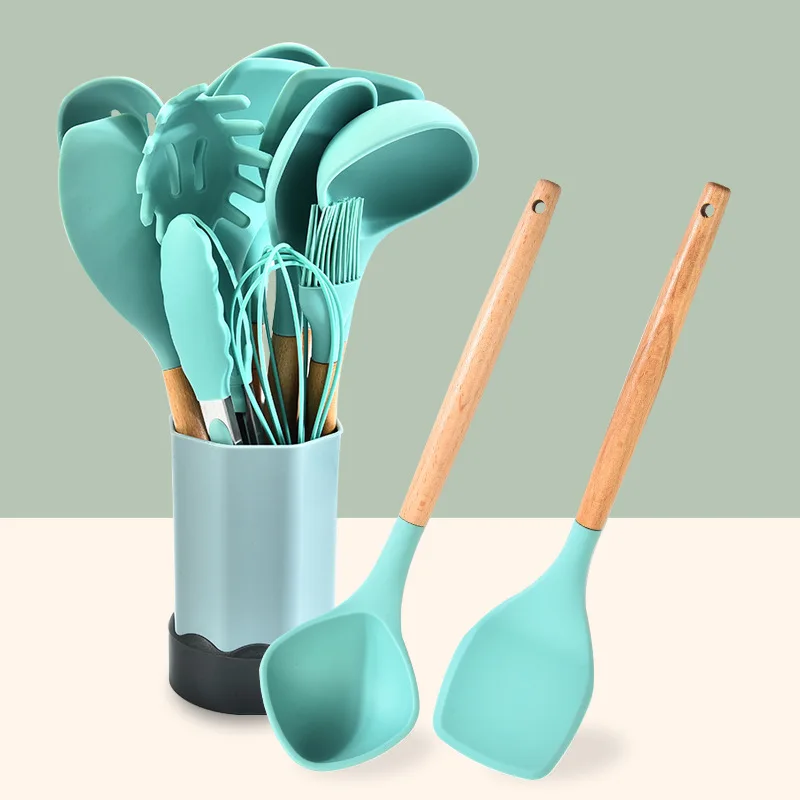 Sell well Complete Kitchen Utensil Set 11 Piece Non-Stick Cooking Silicone Kitchenware Kit kitchen utensils Wooden Handle