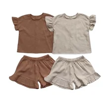 Little girls ruffle top and shorts 2 pieces summer clothes outfit neutral toddler baby clothes shorts and t-shirt linen set