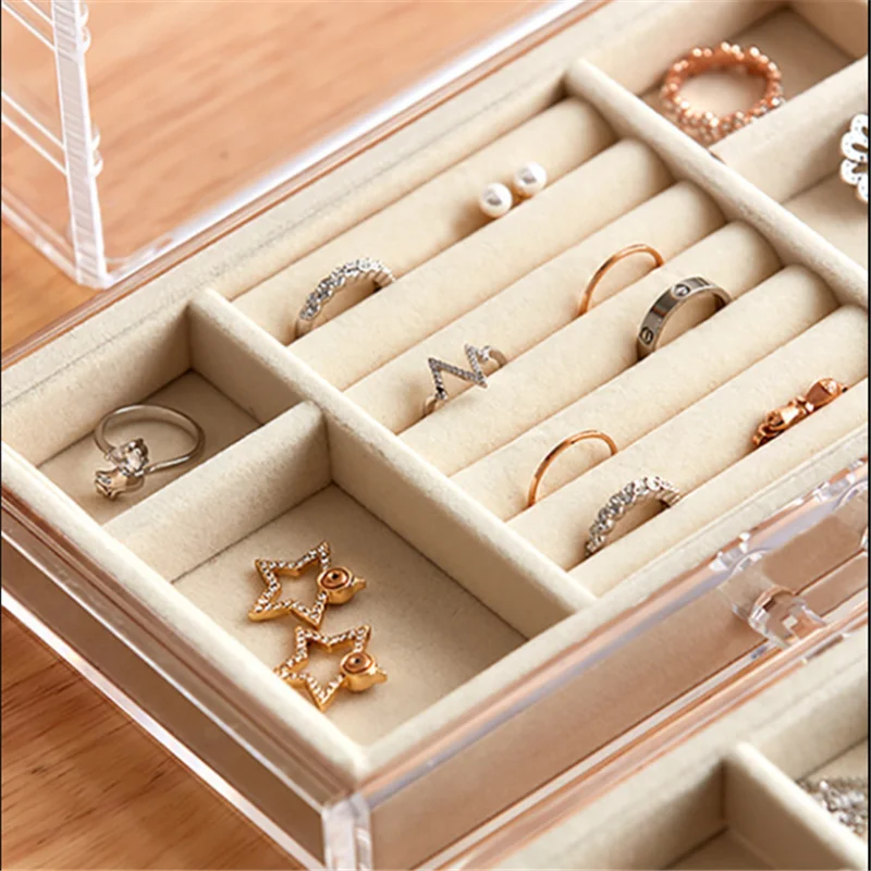 3 Layers Clear Jewelry Shelf Organizer Velvet Drawer Flannel Earrings Ring Transparent Jewelry Box