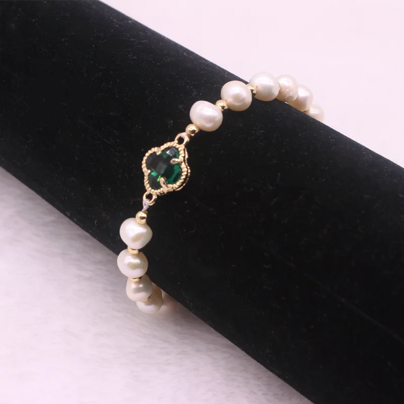 hot sale18k gold plated clover bracelet for St.Patrick's Day  gift Baroque natural freshwater pearl  topaz bracelet wholesale
