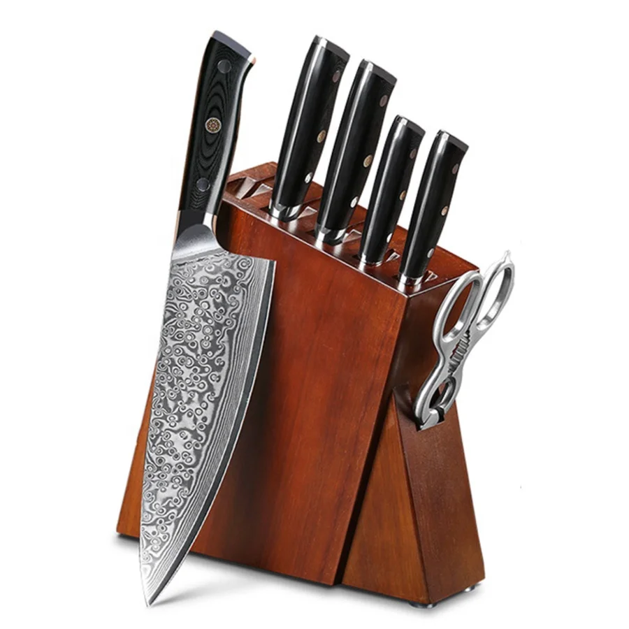 damascus steel knife set with block