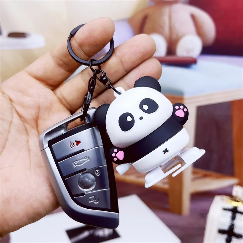 manufacturer 3D pvc plastic kids cute cartoon designer car key chain ring gift creative clockwork panda toy keyring keychain