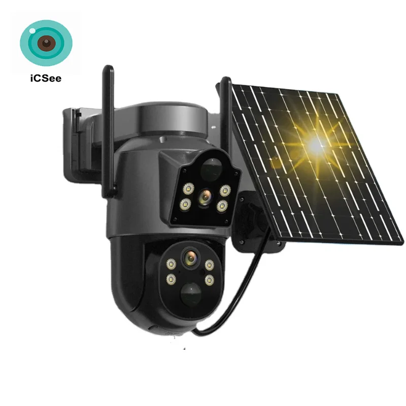 iCsee Outdoor WiFi Camera Dual Lens 7.6W Solar Panel Built-in Battery PTZ Camera Wireless 4MP Security Dual Lens Solar Camera