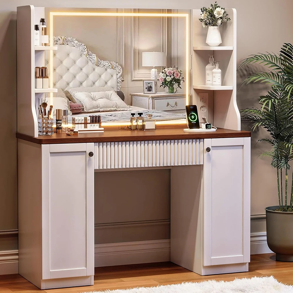 Elegant Retro White Vanity Desk Adjustable Shelves Touch Control Mirror Lights Power Outlet Elegant Retro Makeup Vanity Table manufacture