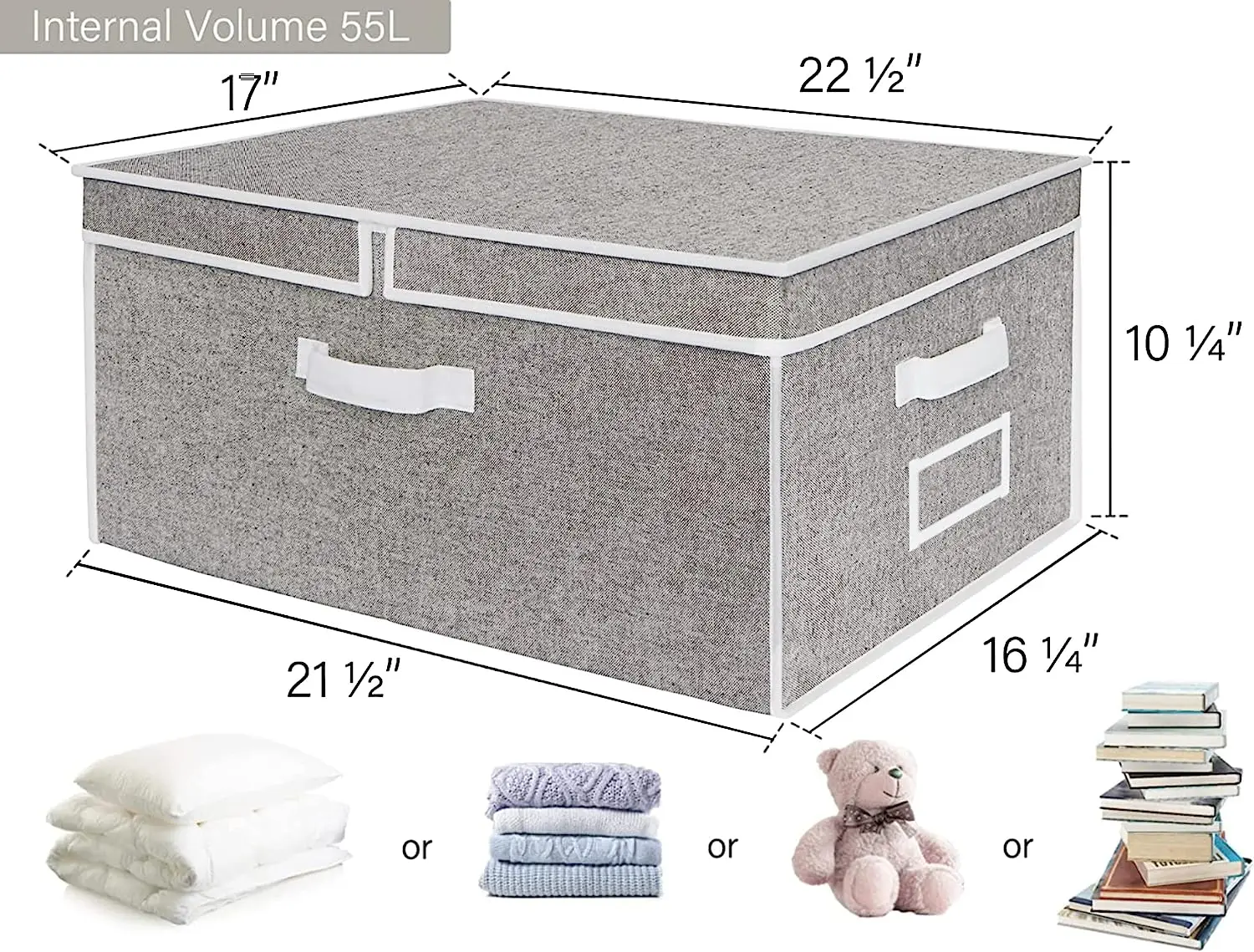 55L Closet Storage Organizer, Storage Bin with Double-Open Lid, Gray, Fabric Storage Box, Extra Large