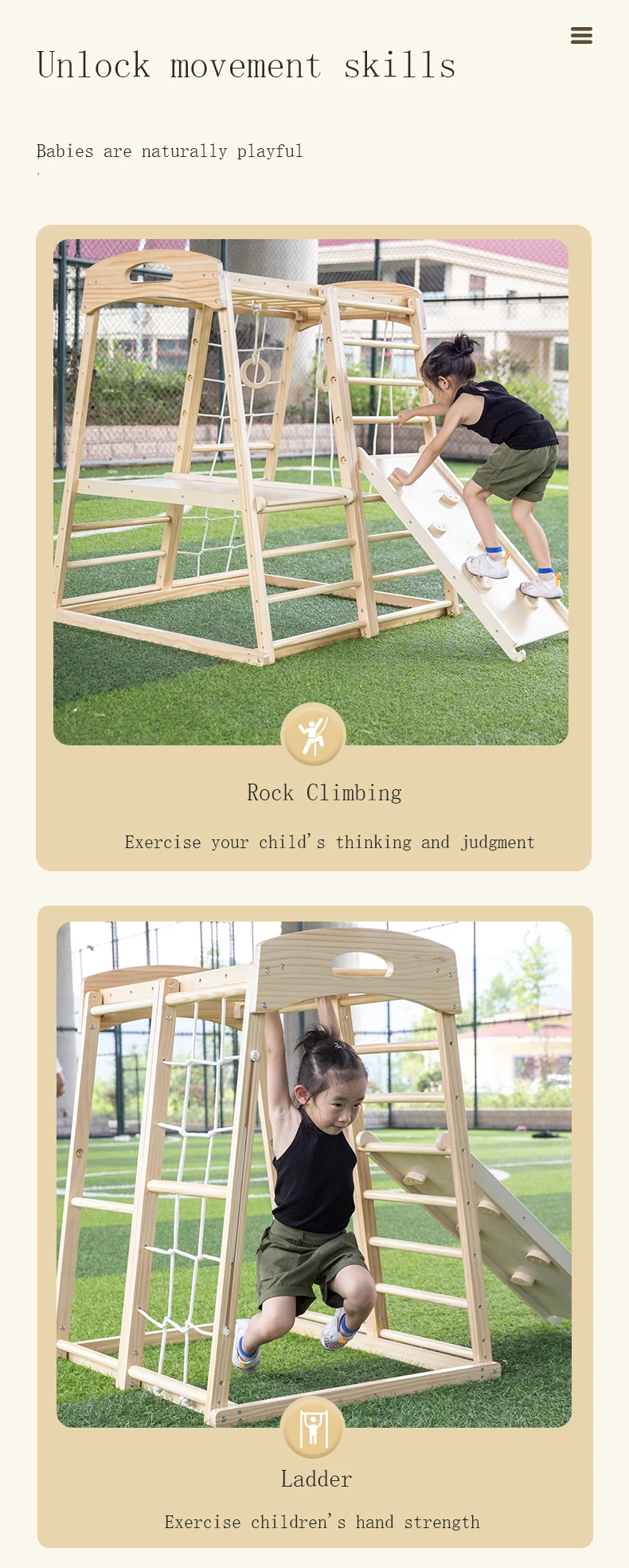 Jeux de plein air de petite taille pour enfants, cadre d'escalade en bois, aire de jeux intérieure, équipement de terrain de jeu Dreieck, détails