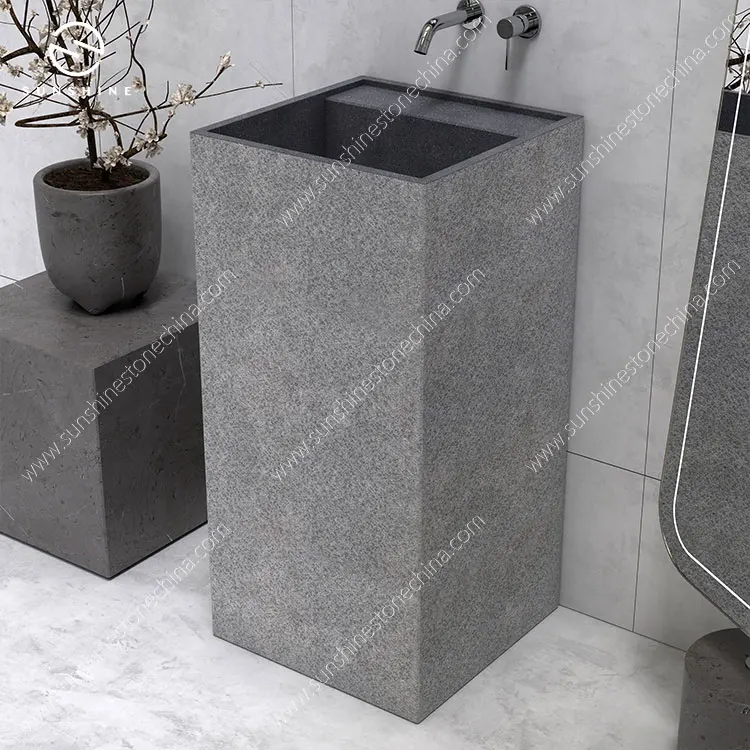 Custom Size Shanxi Black Granite Free Standing Sink Square Stone Pedestal Sinks