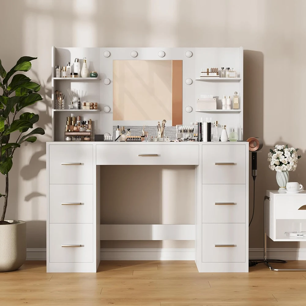 Bedroom Modern Wood Dressing Vanity Desk with Mirror LED Lights Power Outlet Makeup Table with 7 Drawers 6 Storage Shelves manufacture