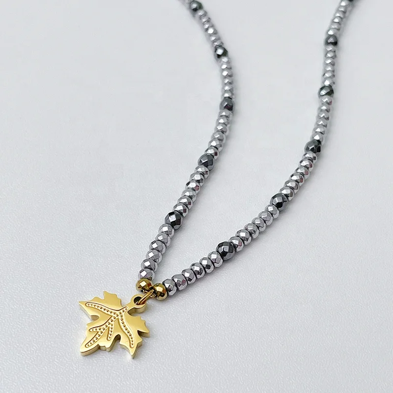 18K Gold Plated Stainless Steel Jewelry Natural Stone Beads Hematite Maple Leaf Pendant  Necklaces P223304