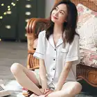 Sleepwear Hot Sale Summer Cardigan Short Sleeve Nighty Sleepwear Suit Silk Women Pajamas Set