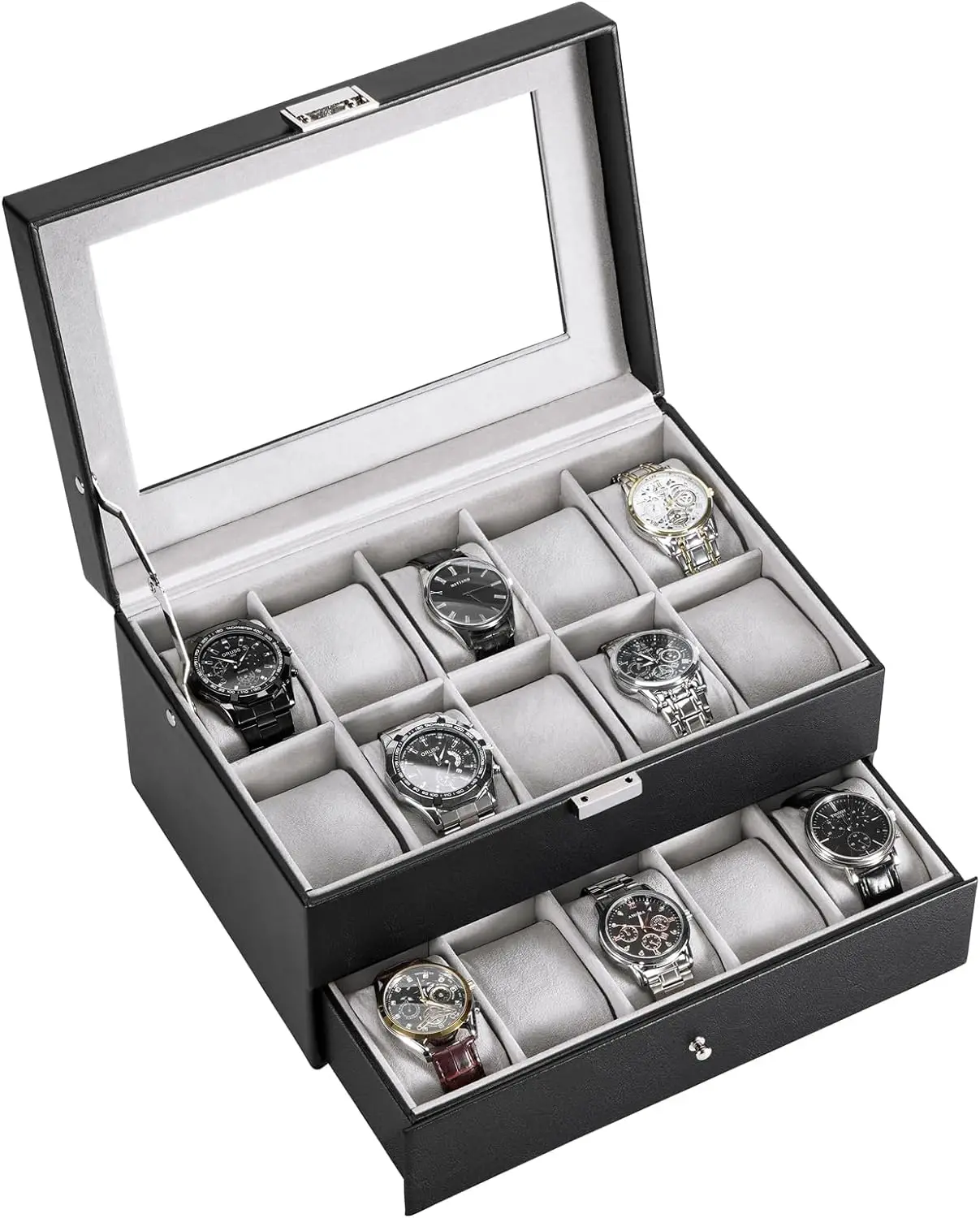 Custom 20 slot watch display case mens watch box organizer wrist watch display organizer storage box with glass lid