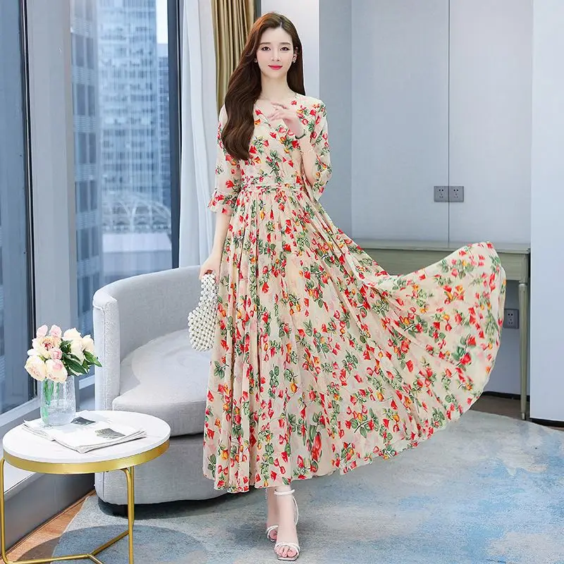 customize women's printed floral chiffon Fit and Flare 3/4 sleeve midi maxi dress modest muslin long sleeve maxi dress