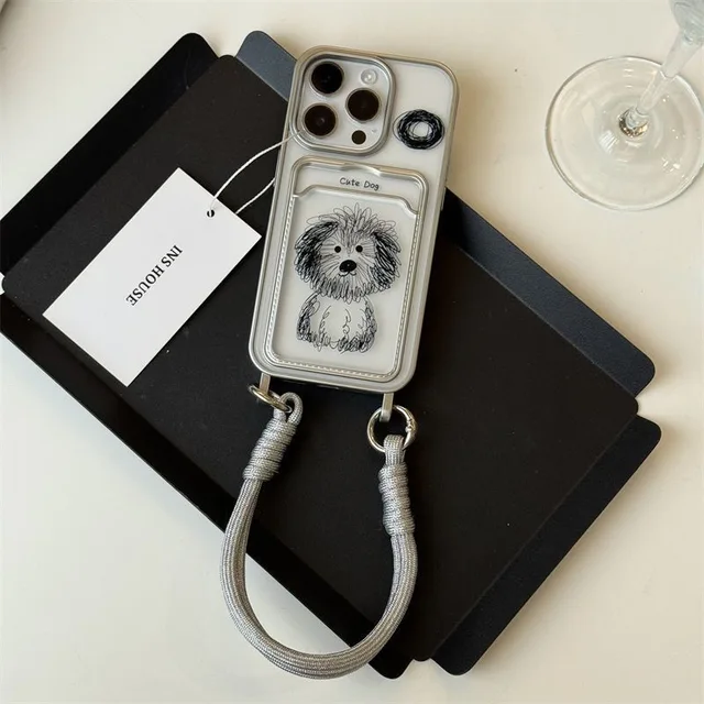 Cartoon curly dog card holder phone case for iPhone15promax/13mobile phone case14New12female11hand rope