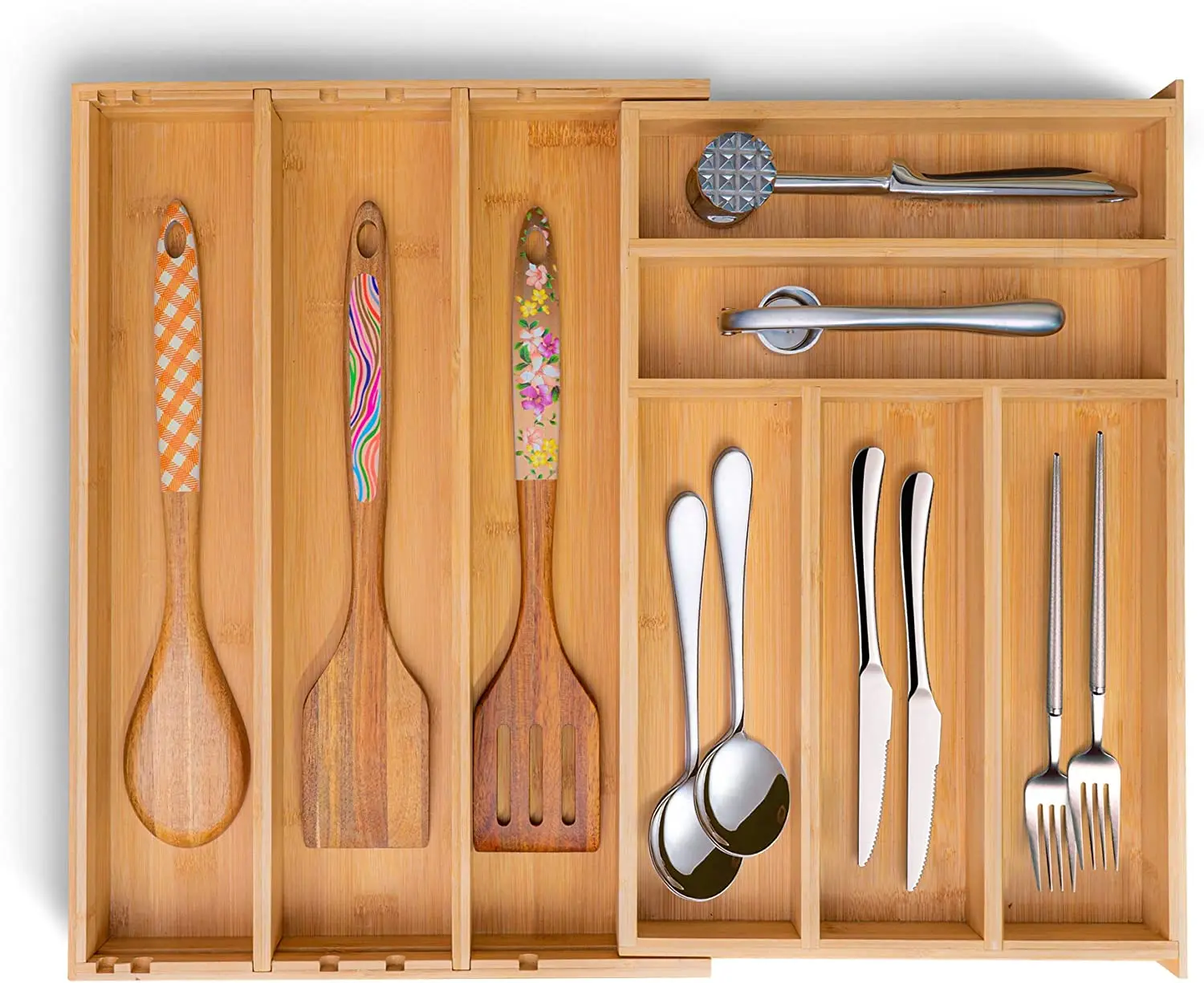 product adjustable single tier wood cutlery tray divider bamboo kitchen drawer organizer for utensil storage and sundries-5