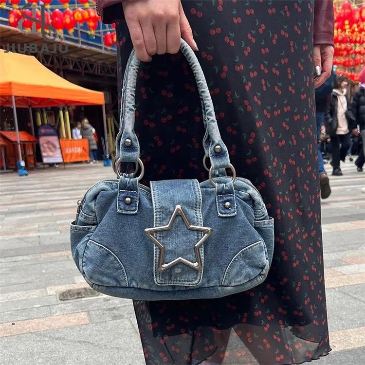 Five Pointed Star Metal Patch Handbag Retro Vintage Fashion Denim Zipper Out Small Square Bag