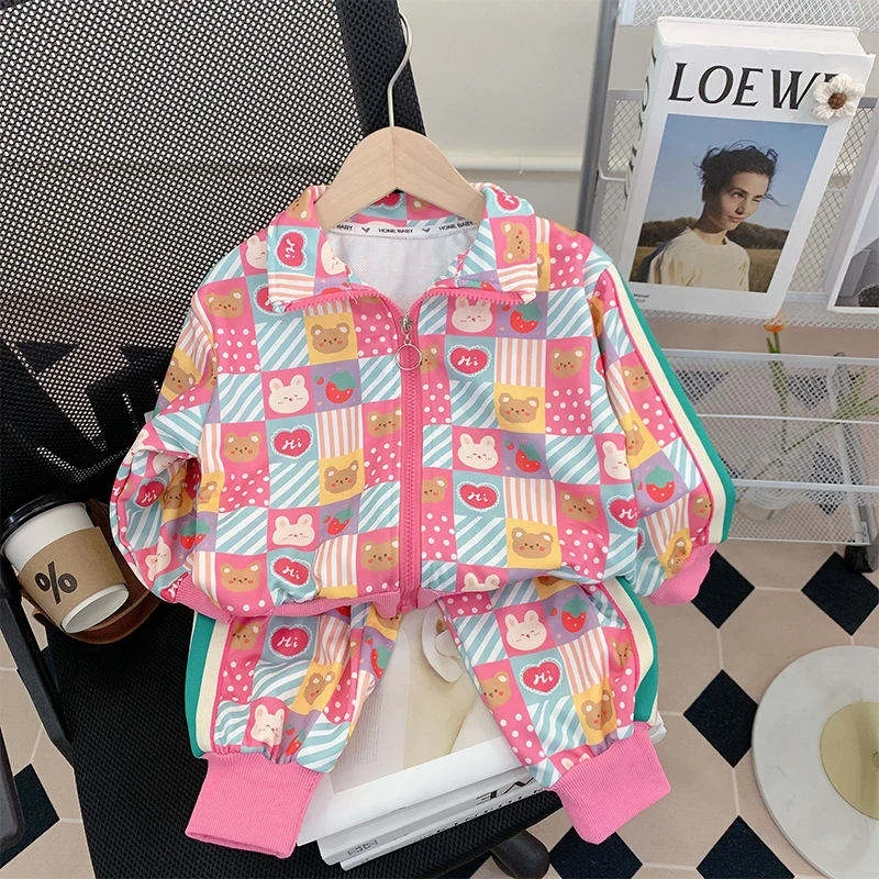 Wholesale children's cartoon printed bear girls clothing long sleeve suit sportswear 2 casual suit children's sportswear