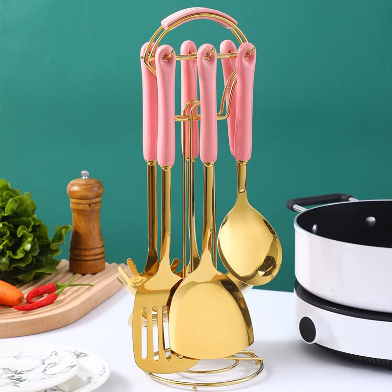 Rose Gold Luxury Colorful Marble Handle 7 pieces Stainless Steel Kitchen Utensils Set Kitchen Cooking Utensils Tools