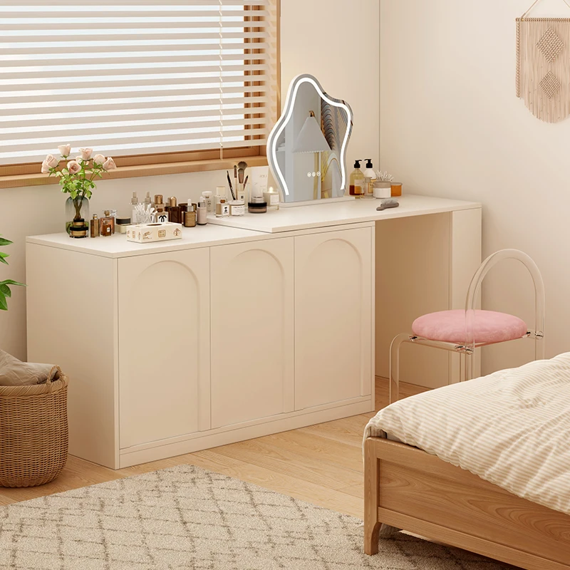 Modern dressing table White Oak Wooden Makeup Vanities for Bedroom with Chair and Hidden Drawer