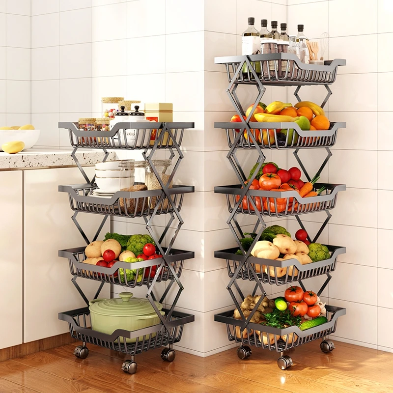 Folding storage rack home storage foldable kitchen display rack shelf with wheels kitchen organizer shelf