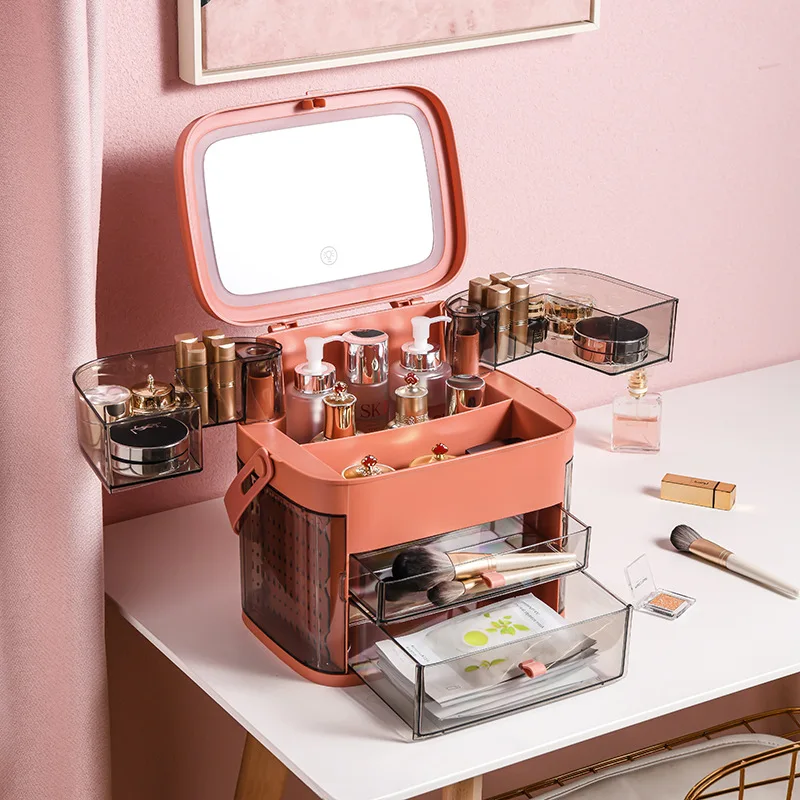 creative cosmetic storage box with LED mirror desktop dust-proof finishing dresser skin care product rack jewelry storage rack