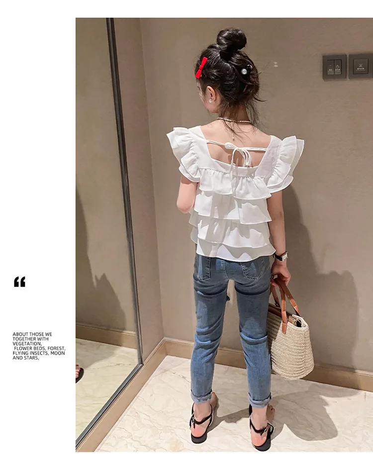 2023 Ruffle Hem Small Fly Sleeve Top Square Neck T-Shirt Hole Jeans Two Piece Set Summer Adolescent Girls Clothing Sets