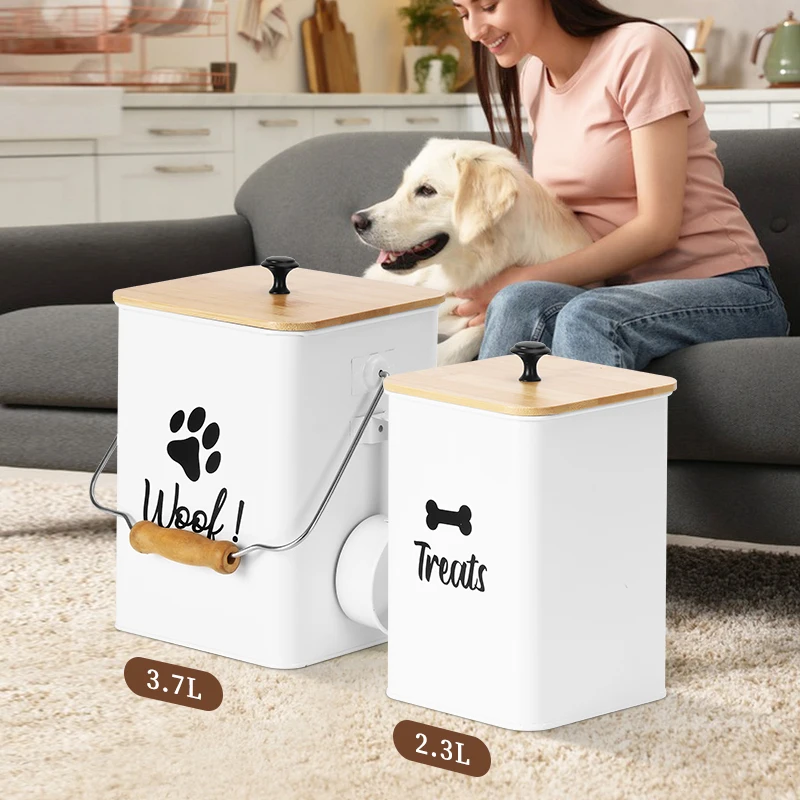 New Arrival Metal Set of Two Pet Food Storage Container Set with Wooden Lid