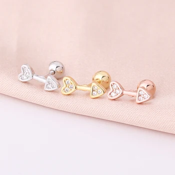 Wholesale fashion jewelry gold plated tiny ear cartilage piercing arete 925 sterling silver heart stud earrings