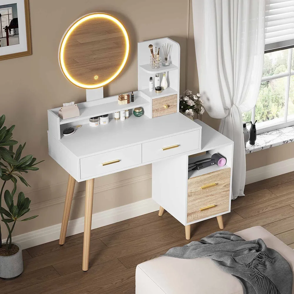 Modern Luxury Dressing Table Vanity with Smart Lighted Mirror Wood Panel for Bedroom Usage Smart Storage Makeup Vanity manufacture