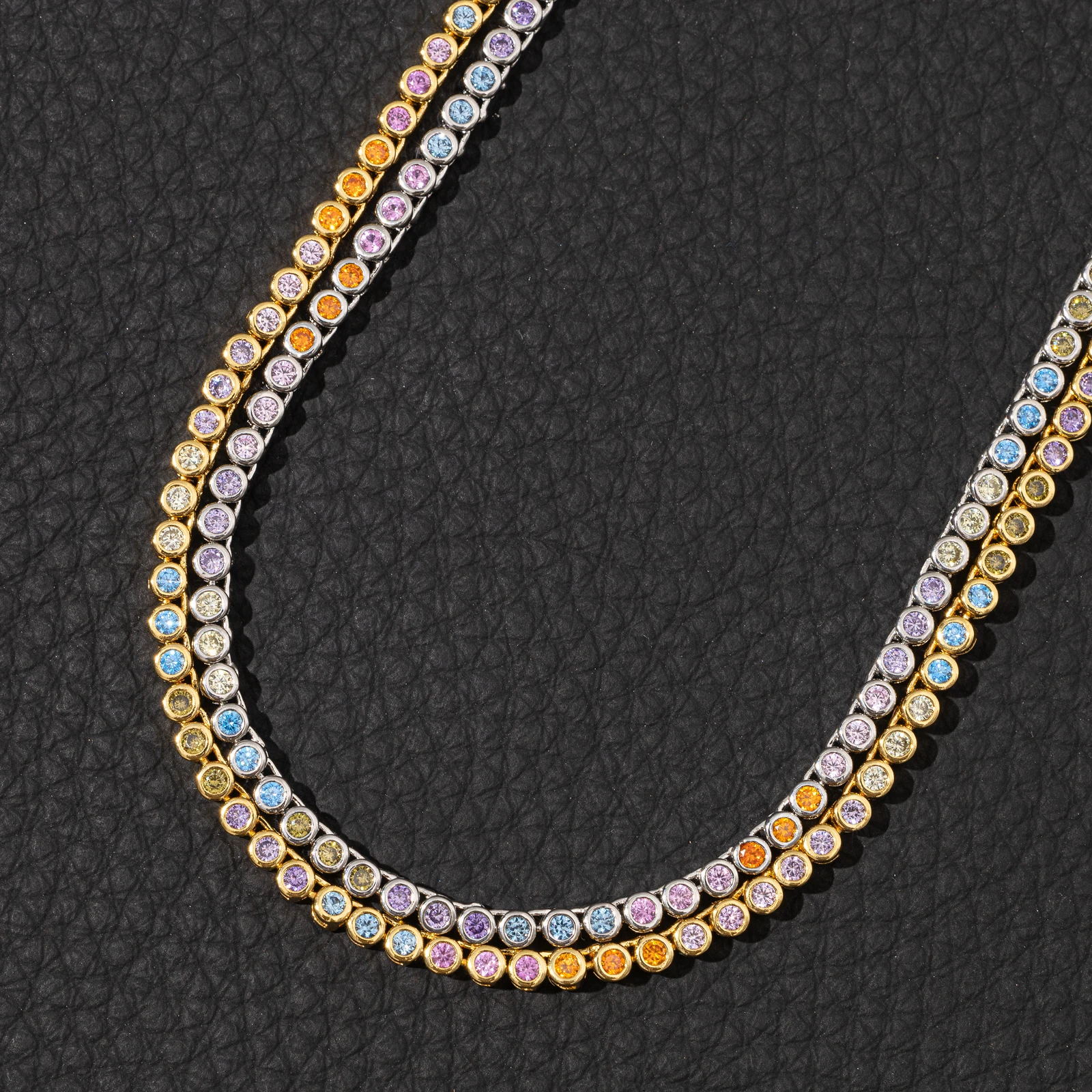 Top Icy Rainbow Color 3mm Tennis Chain Fashion Jewelry Necklace Brass 18K Gold Plated 3A CZ Shiny Necklace Women Chain