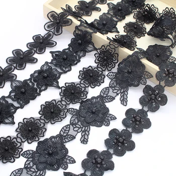1yards Garment Handmade Materials Black Flower Embroidery Lace Trim Applique Fabric Ribbons N0703