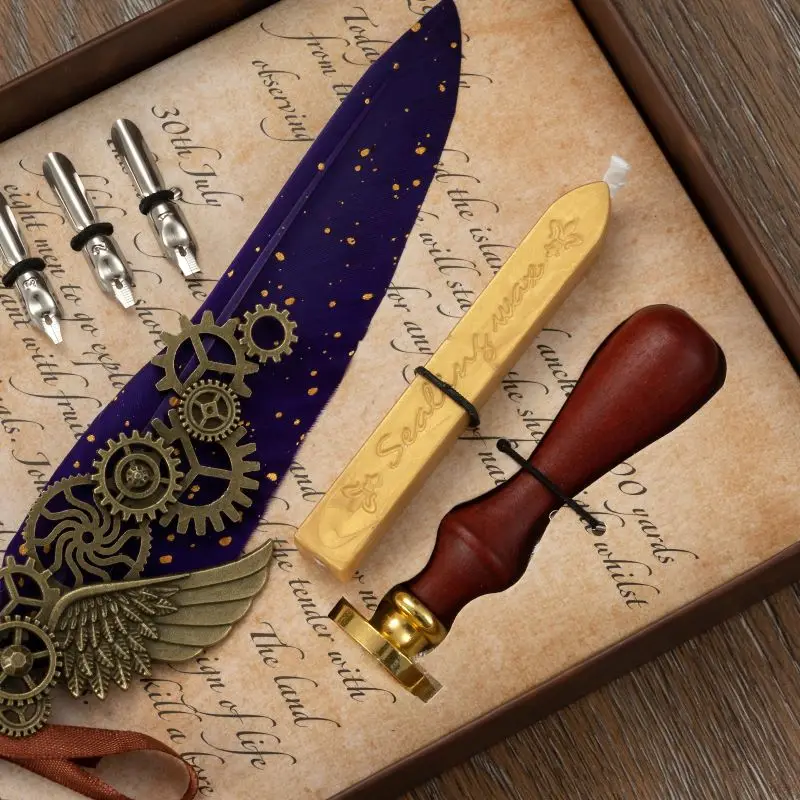 European Retro Feather Calligraphy  Pen Gift Set Gift Box Feather Fountain Pen With Copper Pen Stand Seal Wax Stamp Ink