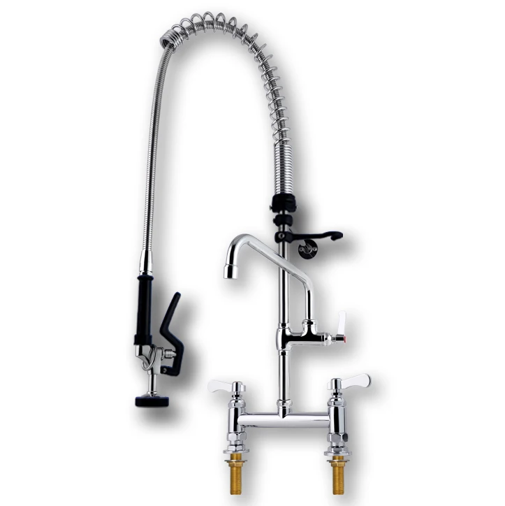 Dual Handle Commercial Industrial Kitchen Faucet Sprayer Short Type Pre-Rinse Hot Cold Water Stainless Steel Wall Mount 2 Holes details