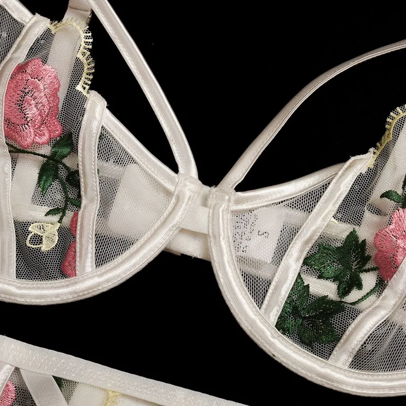 Floral Embroidery Lace Lingerie 3 Piece Set Sexy Underwear Women Bra
