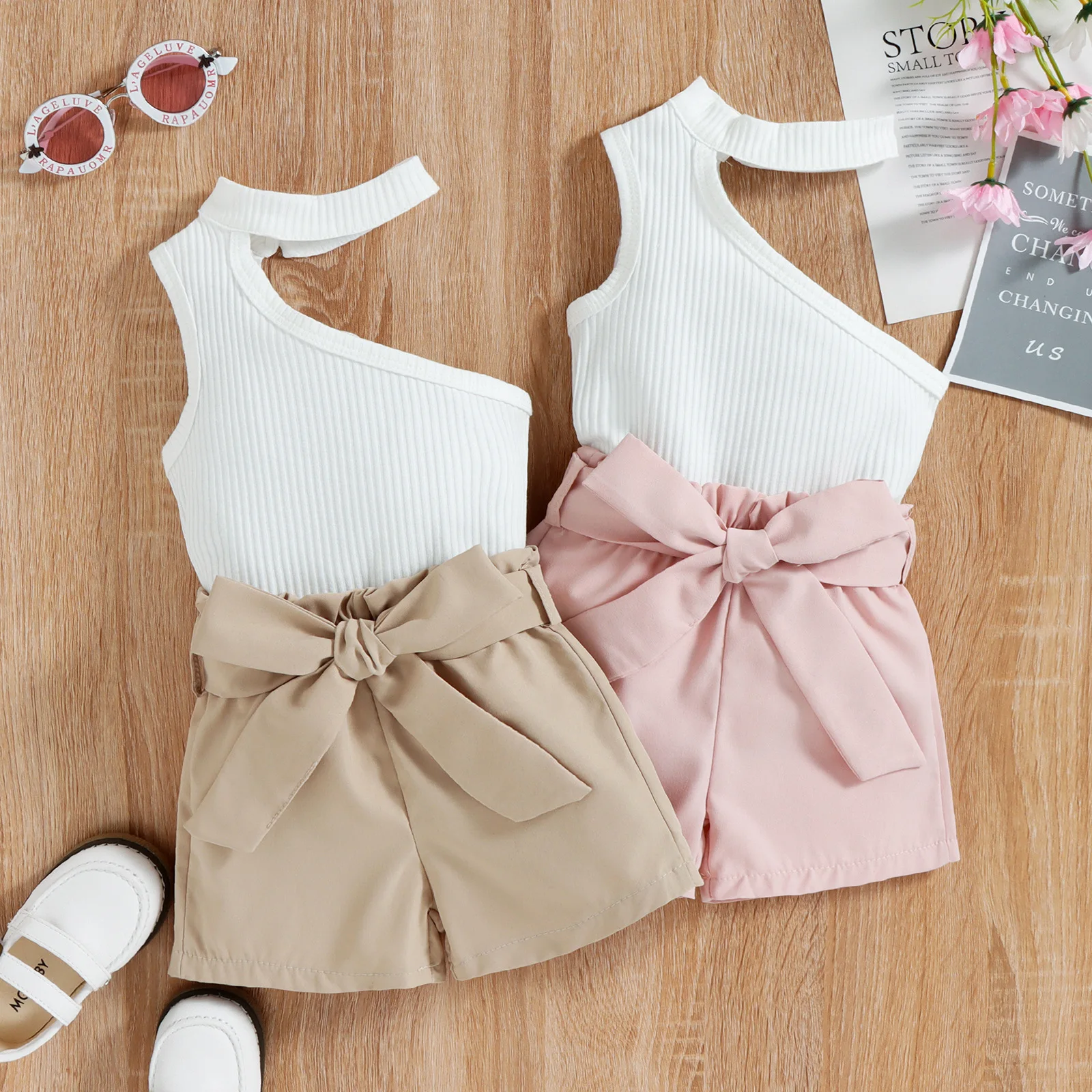 2023 Boutique One Shoulder White T-Shirt Shorts Little Girls Summer Clothes Sets Sleeveless Tanks Waist Belt 2 Piece Outfits