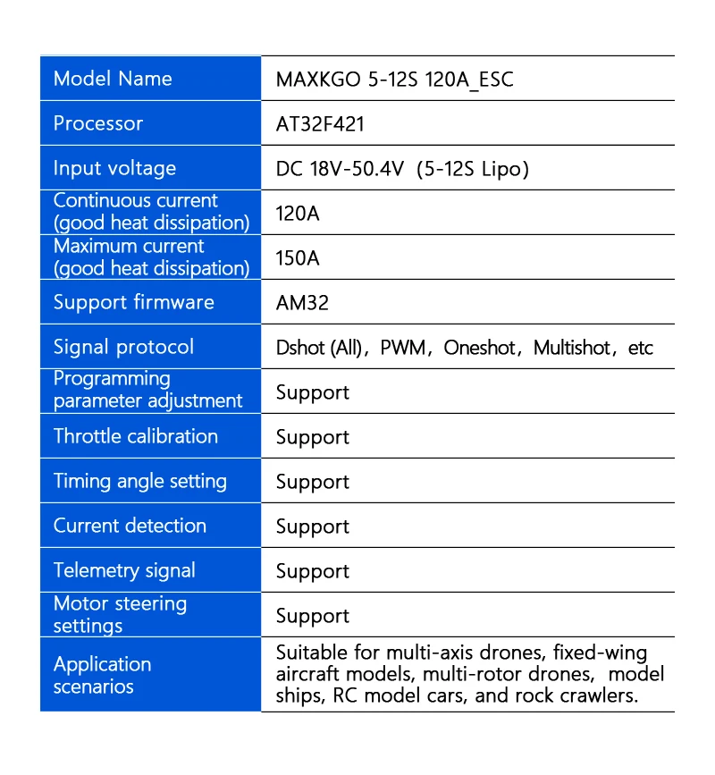 Brushless Speed Controller, MAXKGO, 120A, 5-12S, AM32 - detail 6