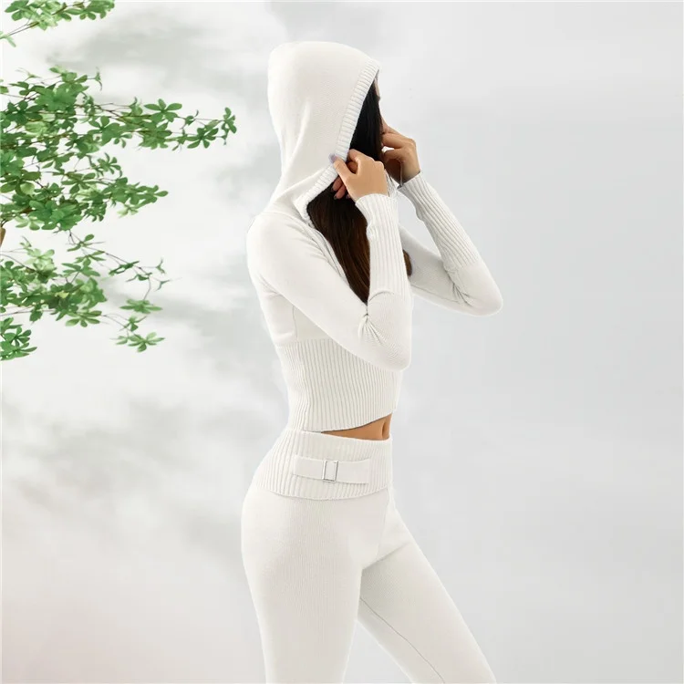 Solid Knitted 2 Piece Sets Women Tracksuit Long Sleeve Zipper Hooded Sweater Jackets Crop Top Flare Pants Stretchy Matching Suit