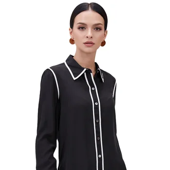High quality 100% silk long sleeve women tops blouse with white binding for office ladies