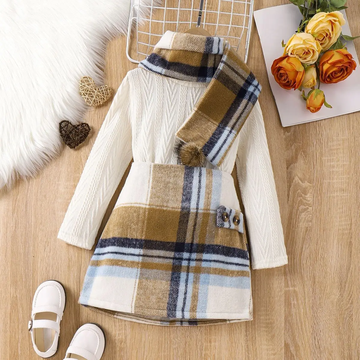 Wholesale autumn winter girls clothing sets long sleeve shirts+plaid skirt+ball scarf casual warm toddler kids outfits