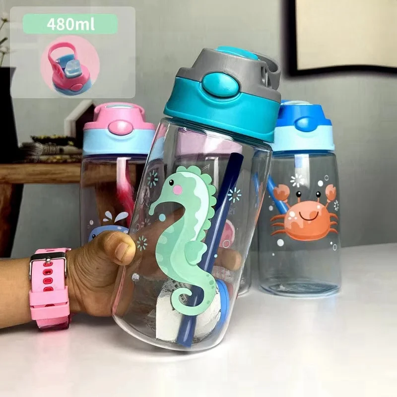 Hot Selling eco friendly Children's Cup 480ml Plastic Kids Water Bottle Cute Printing Child Drinking Water Bottle With Straw