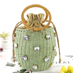 2023 New Handmade Rhinestone Crystal Embellished Straw Bucket Bags Lady Travel Purses Handbags