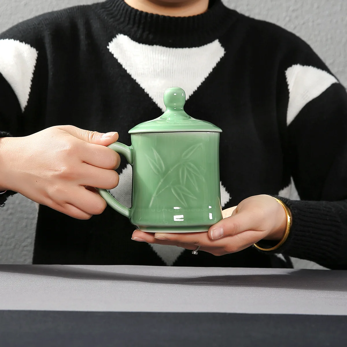 product longquan celadon traditional teacup with handle water customized drinking tea cup for hotel office home use-7