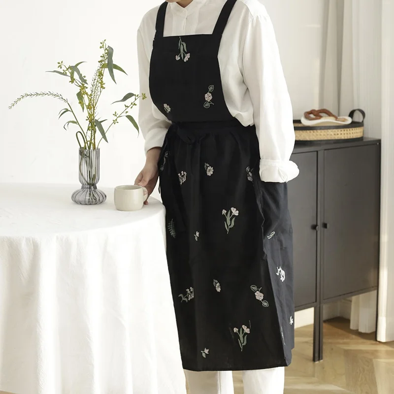 Wome Flower Embroidery Apron Wholesale Custom Embroidery Design Kitchen Apron