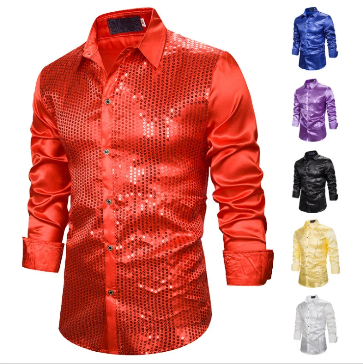 Men Casual Shirts Sequin Glitter Shirts 