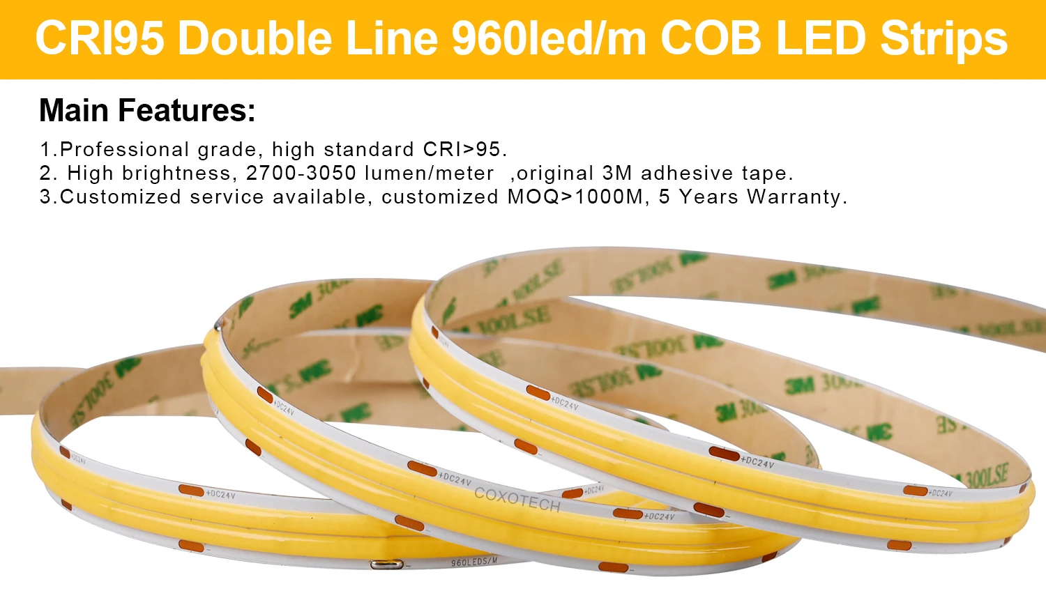 Coxo High Brightness 3000lm Cob Led Strip Light 5 Years Warranty 24v