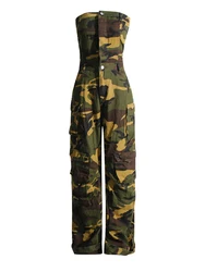 TWOTWINSTYLE Strapless Sleeveless High Waist Patchwork Button Camouflage Jumpsuits For Women 2023