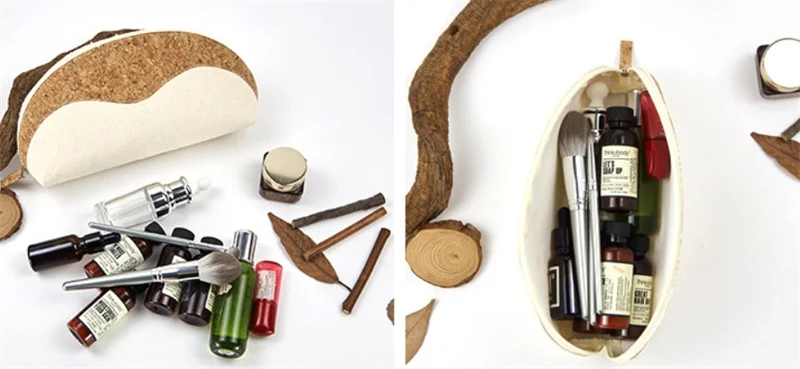 Custom Logo Cotton Canvas Cosmetic Bag Eco Friendly Zipper Pouch Cork Travel Toiletry Shell Makeup Organizer Cork Cosmetic Bag