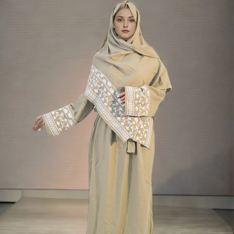 Middle East Modest Dubai Abaya for Girl Kimono Femmes Robe Musulmane Muslim Women Dress Luxury Cute Embroidery Linen Abaya details